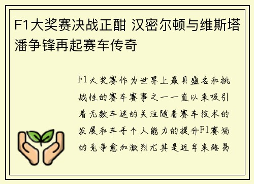F1大奖赛决战正酣 汉密尔顿与维斯塔潘争锋再起赛车传奇